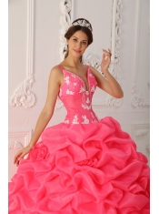 Watermelon Red Ball Gown Straps Floor-length Taffeta and Organza Appliques Quinceanera Dress