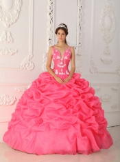 Watermelon Red Ball Gown Straps Floor-length Taffeta and Organza Appliques Quinceanera Dress