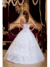 White A-Line / Princess Strapless Floor-length Organza Appliques Quinceanera Dress
