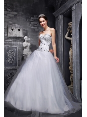 White A-Line / Princess Sweetheart Floor-length Taffeta and Tulle Beading  Prom Dress
