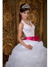 White A-line Halter Floor-length Organza Beading Quinceanera Dress