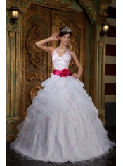 White A-line Halter Floor-length Organza Beading Quinceanera Dress