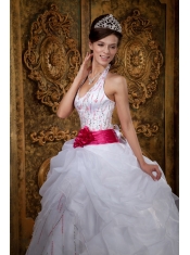 White A-line Halter Floor-length Organza Beading Quinceanera Dress