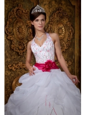 White A-line Halter Floor-length Organza Beading Quinceanera Dress