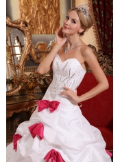 White A-line Sweetheart Floor-length Taffeta Beading and Bowknots Quinceanera Dress