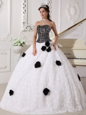 White and Black Ball Gown Strapless Floor-length Special Fabric Sequins and Hand Made Flowers Quinceanera Dress