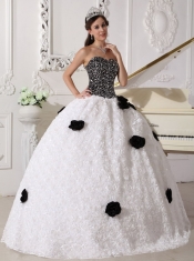 White and Black Ball Gown Strapless Floor-length Special Fabric Sequins and Hand Made Flowers Quinceanera Dress