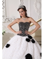 White and Black Ball Gown Strapless Floor-length Special Fabric Sequins and Hand Made Flowers Quinceanera Dress