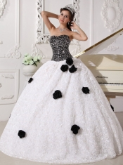 White and Black Ball Gown Strapless Floor-length Special Fabric Sequins and Hand Made Flowers Quinceanera Dress