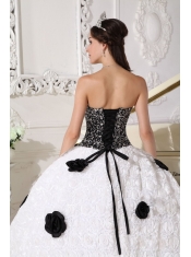 White and Black Ball Gown Strapless Floor-length Special Fabric Sequins and Hand Made Flowers Quinceanera Dress