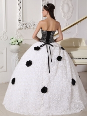 White and Black Ball Gown Strapless Floor-length Special Fabric Sequins and Hand Made Flowers Quinceanera Dress