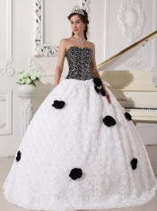 White and Black Ball Gown Strapless Floor-length Special Fabric Sequins and Hand Made Flowers Quinceanera Dress