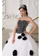 White and Black Ball Gown Strapless Floor-length Special Fabric Sequins and Hand Made Flowers Quinceanera Dress