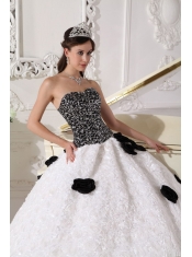 White and Black Ball Gown Strapless Floor-length Special Fabric Sequins and Hand Made Flowers Quinceanera Dress