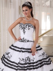 White and Black Ball Gown Sweetheart Floor-length Tulle Embroidery Quinceanera Dress