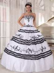 White and Black Ball Gown Sweetheart Floor-length Tulle Embroidery Quinceanera Dress