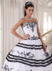 White and Black Ball Gown Sweetheart Floor-length Tulle Embroidery Quinceanera Dress