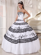 White and Black Ball Gown Sweetheart Floor-length Tulle Embroidery Sweet 16 Dress