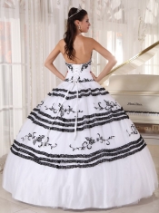 White and Black Ball Gown Sweetheart Floor-length Tulle Embroidery Sweet 16 Dress