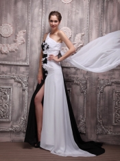 White and Black Empire One Shoulder Watteau Train Chiffon Handle Flowers Prom Dress White and Black Empire One Shoulder Watteau Train Chiffon Handle Flowers Prom Dress