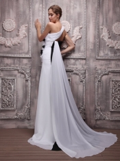White and Black Empire One Shoulder Watteau Train Chiffon Handle Flowers  Prom Dress