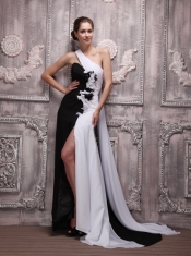 White and Black Empire One Shoulder Watteau Train Chiffon Handle Flowers  Prom Dress