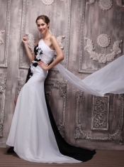 White and Black Empire One Shoulder Watteau Train Chiffon Handle Flowers  Prom Dress