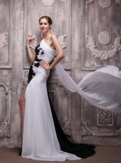 White and Black Empire One Shoulder Watteau Train Chiffon Handle Flowers  Prom Dress