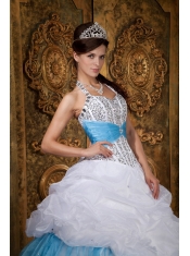 White and Blue A-line / Princess Halter Floor-length Beading Quinceanera Dress