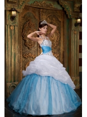 White and Blue A-line / Princess Halter Floor-length Beading Quinceanera Dress