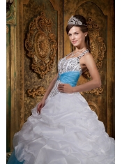 White and Blue A-line / Princess Halter Floor-length Beading Quinceanera Dress