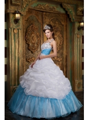 White and Blue A-line / Princess Halter Floor-length Beading Quinceanera Dress