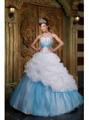White and Blue A-line / Princess Halter Floor-length Beading Quinceanera Dress