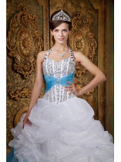 White and Blue A-line / Princess Halter Floor-length Beading Quinceanera Dress