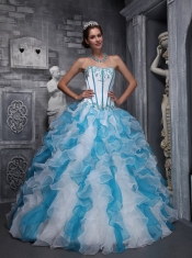 White and Blue Ball Gown Sweetheart Floor-length Taffeta and Organza Appliques Quinceanera Dress