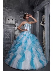 White and Blue Ball Gown Sweetheart Floor-length Taffeta and Organza Appliques Quinceanera Dress