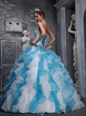 White and Blue Ball Gown Sweetheart Floor-length Taffeta and Organza Appliques Quinceanera Dress