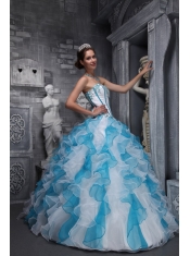 White and Blue Ball Gown Sweetheart Floor-length Taffeta and Organza Appliques Quinceanera Dress