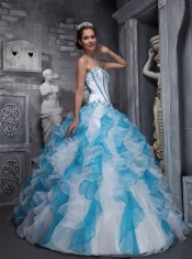 White and Blue Ball Gown Sweetheart Floor-length Taffeta and Organza Appliques Quinceanera Dress