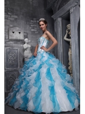 White and Blue Ball Gown Sweetheart Floor-length Taffeta and Organza Appliques Quinceanera Dress