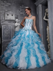 White and Blue Ball Gown Sweetheart Floor-length Taffeta and Organza Appliques Quinceanera Dress