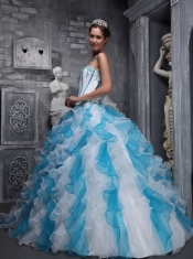 White and Blue Ball Gown Sweetheart Floor-length Taffeta and Organza Appliques Quinceanera Dress