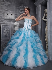 White and Blue Ball Gown Sweetheart Floor-length Taffeta and Organza Appliques Quinceanera Dress