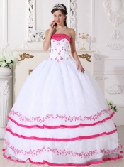 White and Hot Pink Ball Gown Strapless Floor-length Organza Beading and Embroidery Quinceanera Dress