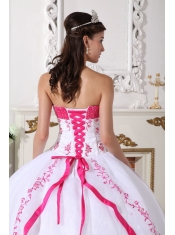 White and Hot Pink Ball Gown Strapless Floor-length Organza Beading and Embroidery Quinceanera Dress