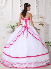 White and Hot Pink Ball Gown Strapless Floor-length Organza Beading and Embroidery Quinceanera Dress
