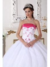 White and Hot Pink Ball Gown Strapless Floor-length Organza Beading and Embroidery Quinceanera Dress