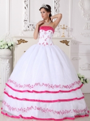 White and Hot Pink Ball Gown Strapless Floor-length Organza Beading and Embroidery Quinceanera Dress