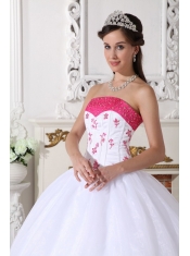 White and Hot Pink Ball Gown Strapless Floor-length Organza Beading and Embroidery Quinceanera Dress