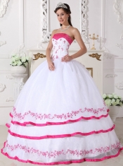 White and Hot Pink Ball Gown Strapless Floor-length Organza Beading and Embroidery Quinceanera Dress